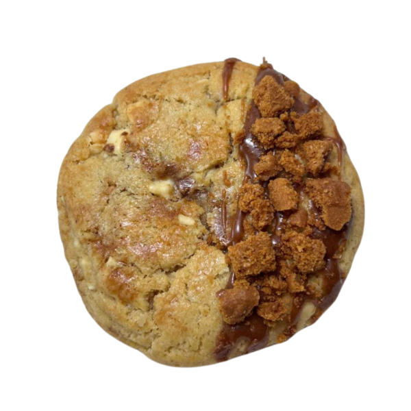 Pâte de base vanille, pépites chocolat blanc, insert crémeux spéculoos,brisures spéculoos Lotus.